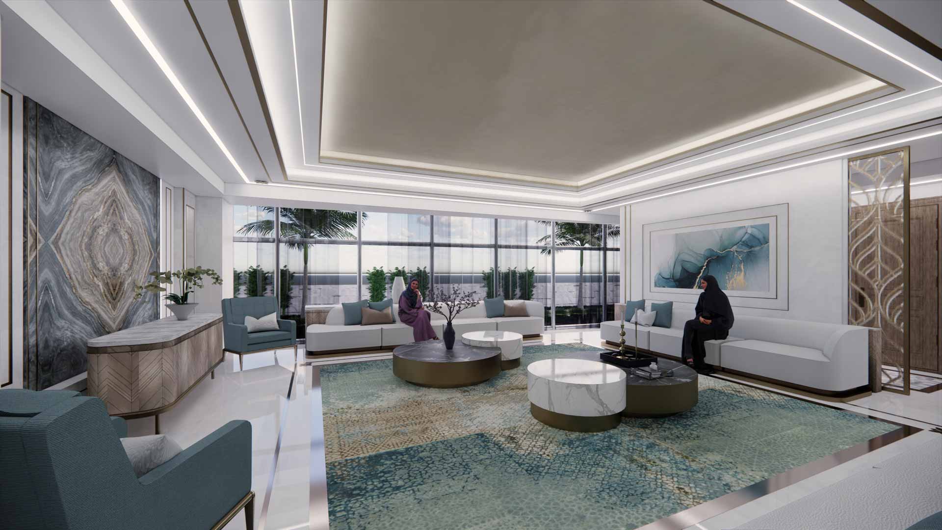 Interior Design project render of a meeting room majlis in New Corniche Hospital, Abu Dhabi by SharpMinds' interior design team