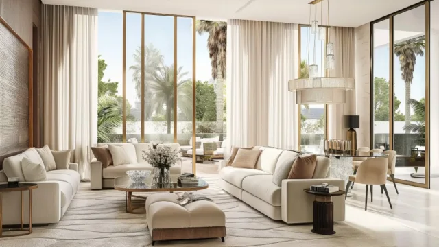 interior design of a beige elegant living room with chandelier