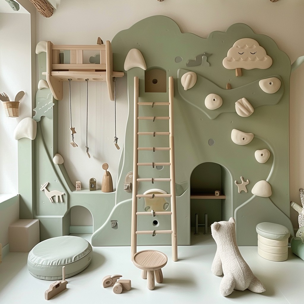 green kids play area with wall climbing and toys
