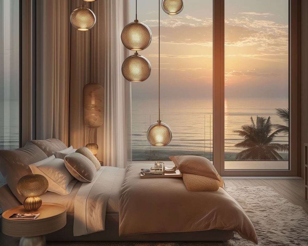 bedroom interior with sunset